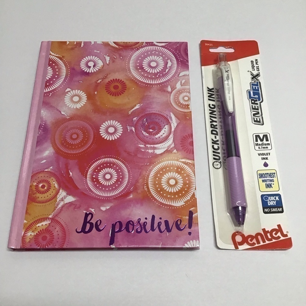 Be Positive Journal Diary Violet Gel Pen Set 60 Ruled Pages Notebook Desk NEW